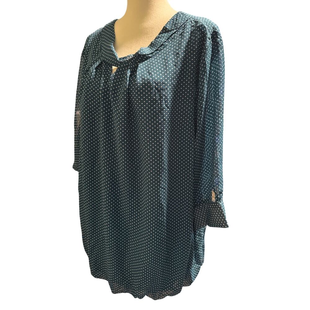 BloomChic Polka Dot Tie Neck Chiffon Tunic Blouse, Teal White, Plus Size 22/24